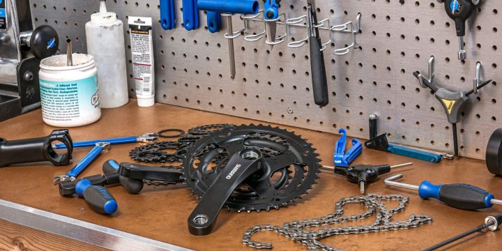 Bike Gear on Table in Workshop Close up